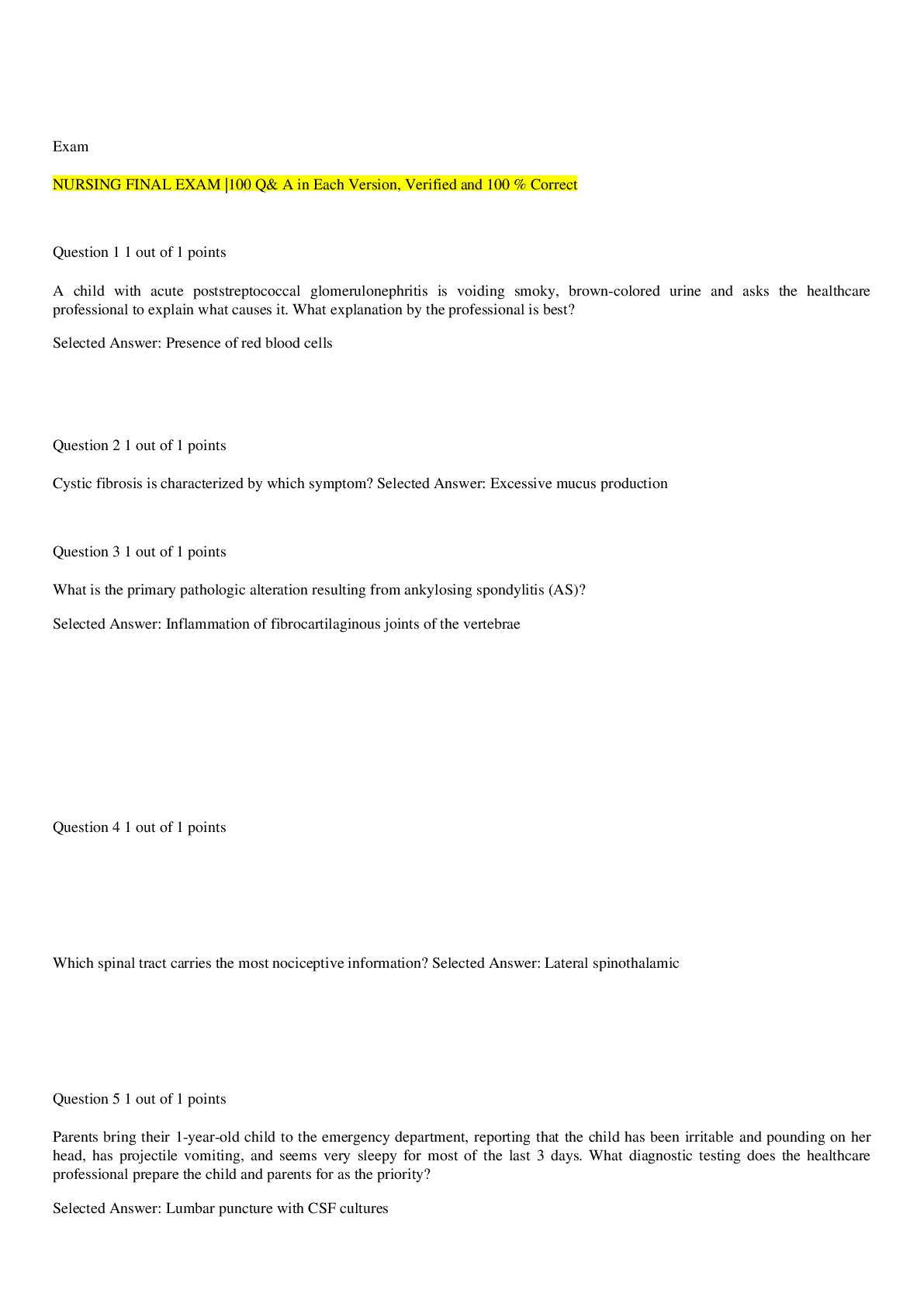 Preview image for NURSING FINAL EXAM |100 Q& A in Each Version, Verified and 100 % Correct